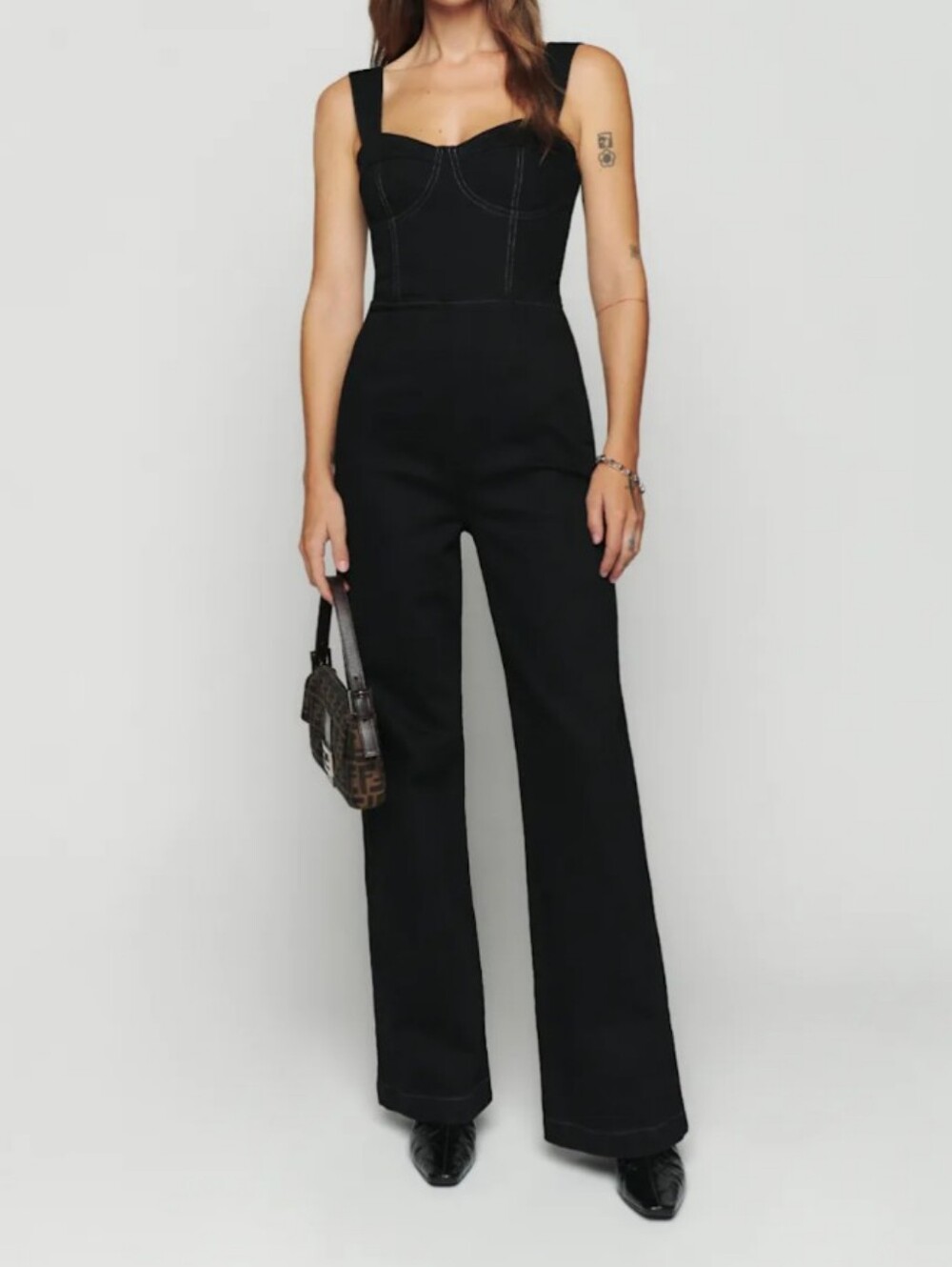 Reformation Nikki Black Jumpsuit Bustier Corset Denim Wide Leg Size 2